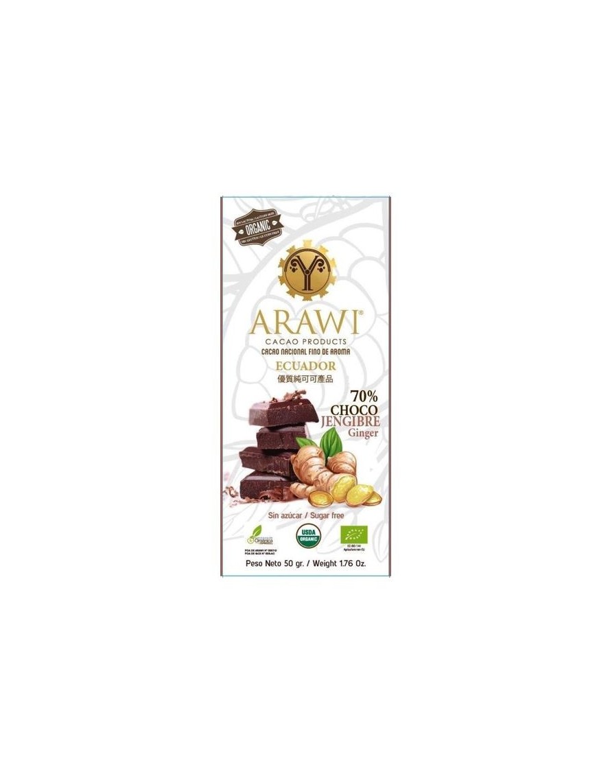 Barra chocojengibre 70% cacao organico  50 gramos Marca Arawi
