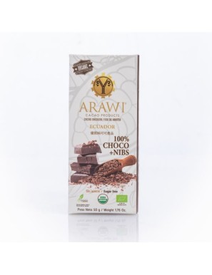 Barra choco nibs organica 100% 50 gramos Marca Arawi