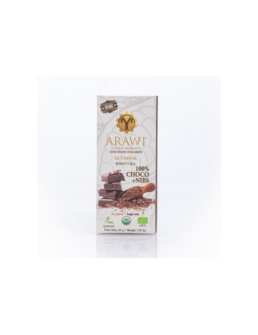 Barra choco nibs organica 100% 50 gramos Marca Arawi