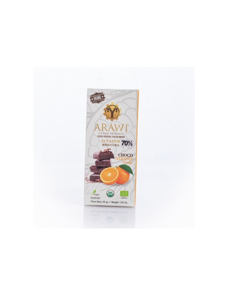 Barra choco naranja organica 70% 50 gramos Marca Arawi