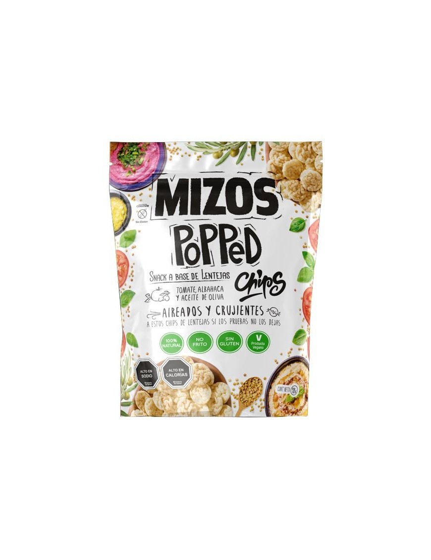 Popped chips de lentejas con tomate y albahaca 98 gramos Marca Mizos