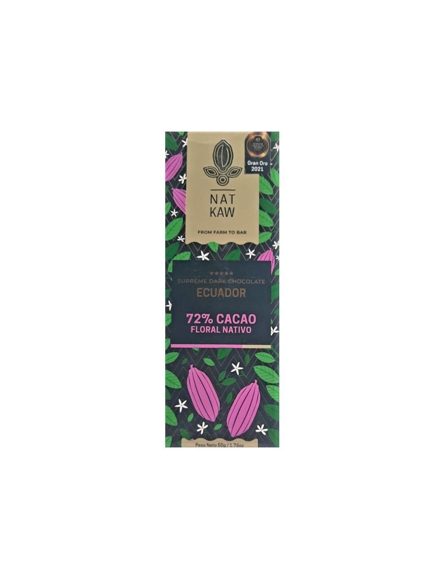 Barra de Chocolate 72% cacao 50 Gramos Marca Nat Kaw
