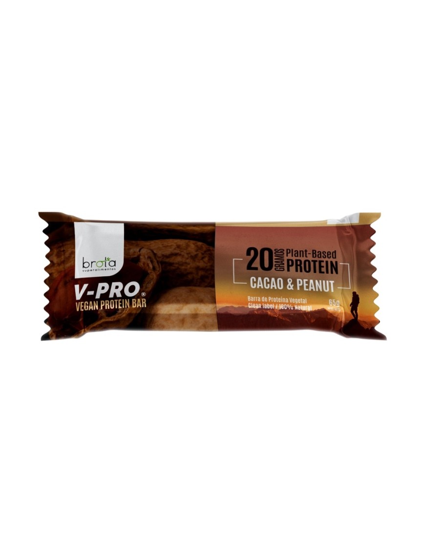 Barra de proteina vegetal vpro cacao y peanut 12 unidades de 65 gramos Marca Brota
