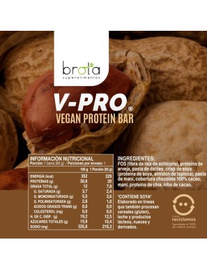 Barra de proteina vegetal vpro cacao y peanut 12 unidades de 65 gramos Marca Brota