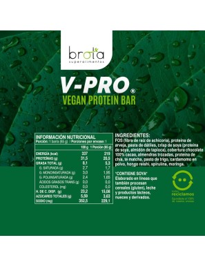 Barra de proteina vegetal vpro matcha y greens 12 unidades de 65 gramos Marca Brota