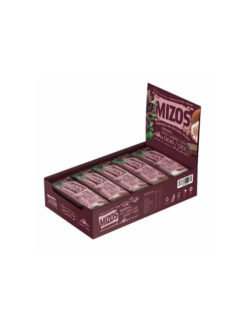 Barrita natural cacao coco 18 barras de 35 gramos Marca Mizos