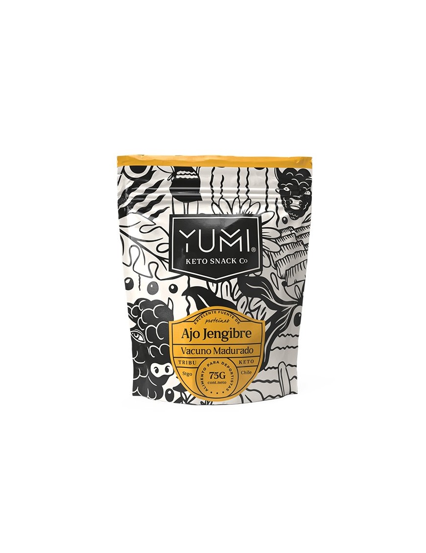 Snack keto de carne sabor ajo jengibre 75 gramos Marca Yumi