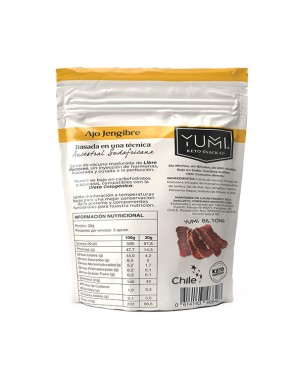 Snack keto de carne sabor ajo jengibre 75 gramos Marca Yumi