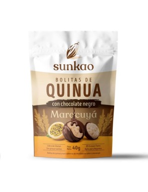 Bolitas de quinua sabor maracuya cubiertas de chocolate dark 40 gramos Marca Sunkao