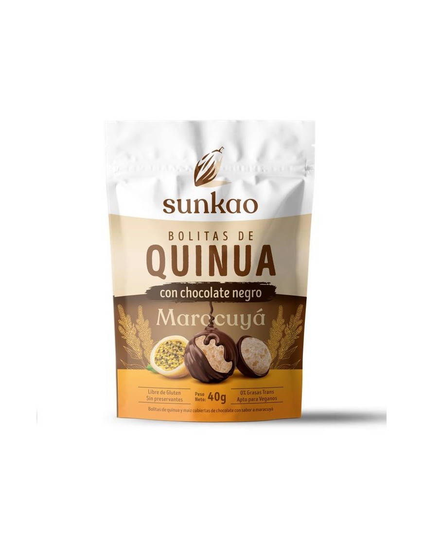 Bolitas de quinua sabor maracuya cubiertas de chocolate dark 40 gramos Marca Sunkao