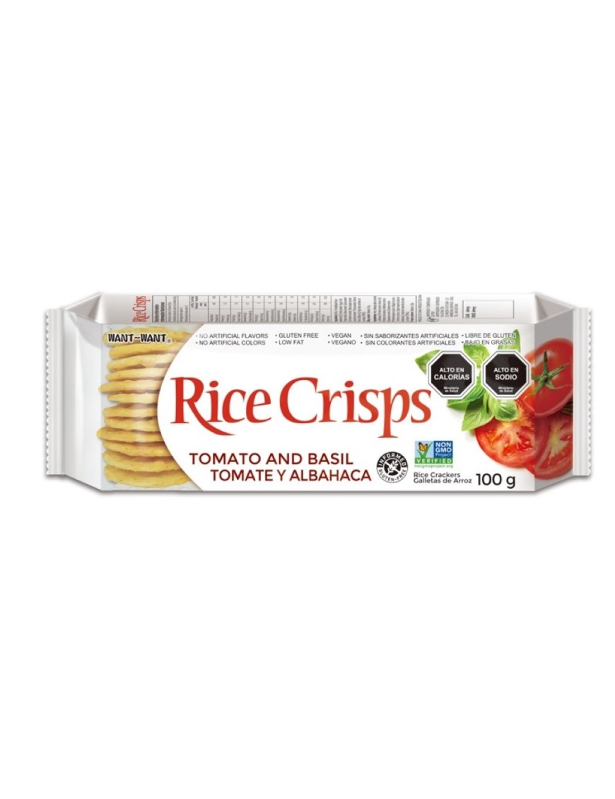 Galleta de arroz con tomate y albahaca 100 gramos Marca Rice Crisps