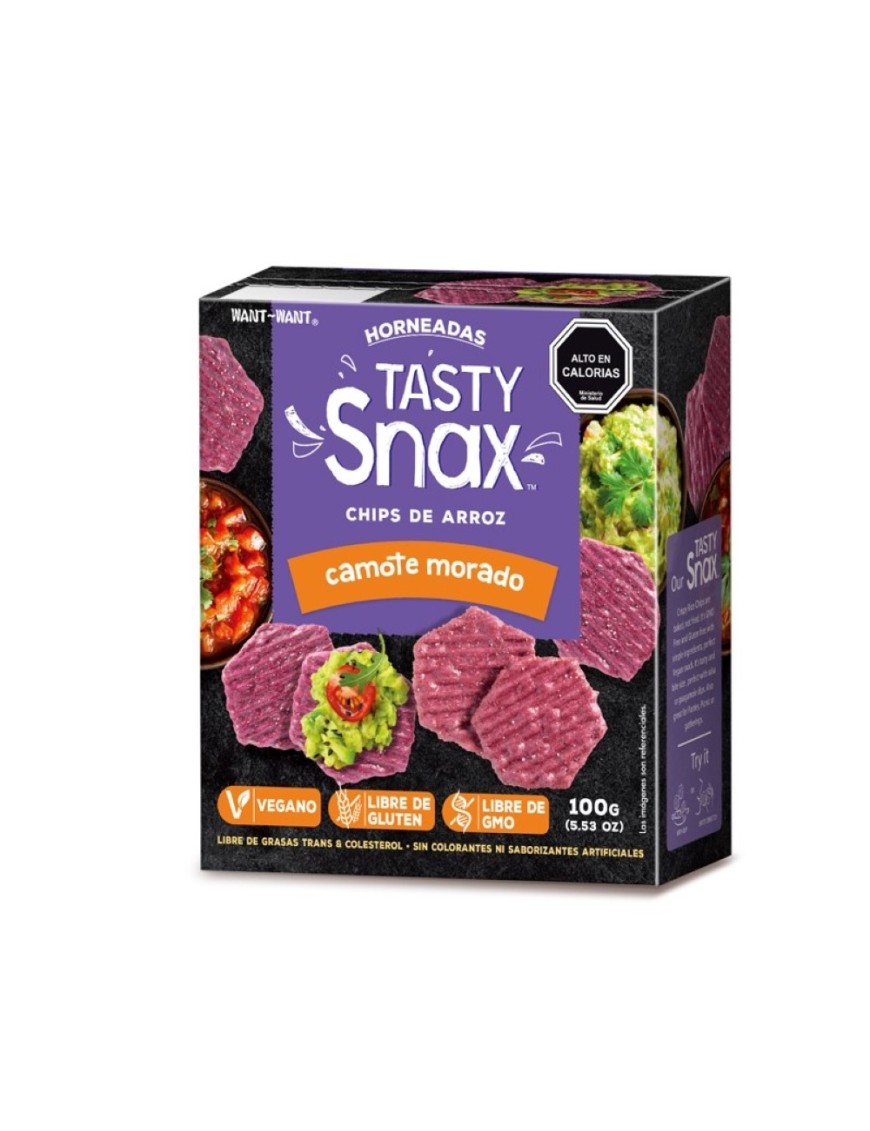 Chips de arroz sabor camote morado 100 gramos Marca Tasty Snax