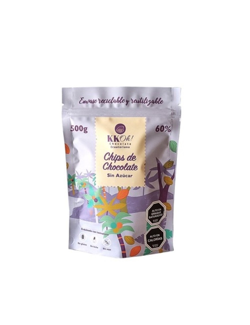 Cobertura de chocolate en chips 60% cacao sin azucar 500 gramos Marca Kkoh