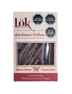 Chocolate 70% arandanos sal rosada 85 gramos Marca Lok