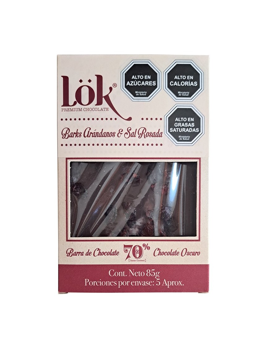 Chocolate 70% arandanos sal rosada 85 gramos Marca Lok