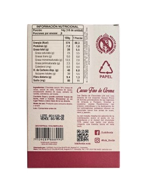 Chocolate 70% arandanos sal rosada 85 gramos Marca Lok
