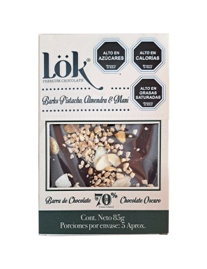 Chocolate 70% mani almendra pistacho 85 gramos Marca Lok