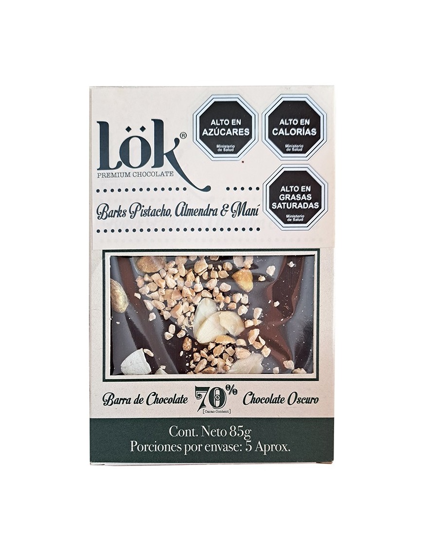 Chocolate 70% mani almendra pistacho 85 gramos Marca Lok